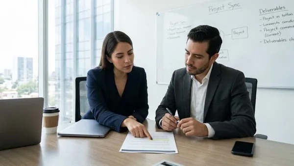 Mexican professional confidently presenting in a business meeting using correct English