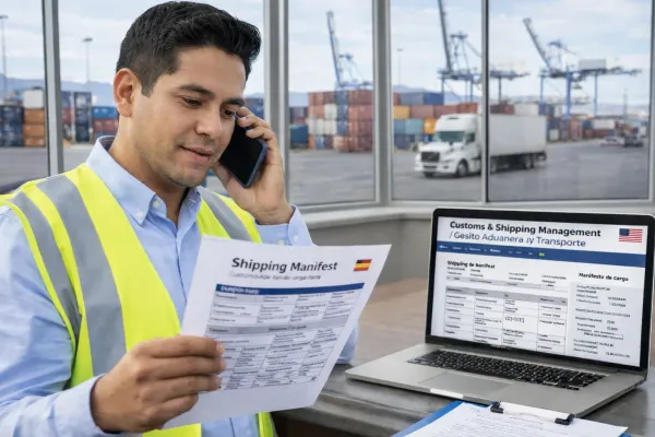 Camiones de carga cruzando la frontera México-EE.UU. en un punto de inspección aduanera