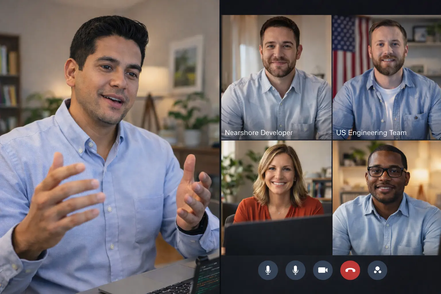 Desarrollador de software dando un update seguro en un daily standup por videollamada con un equipo distribuido