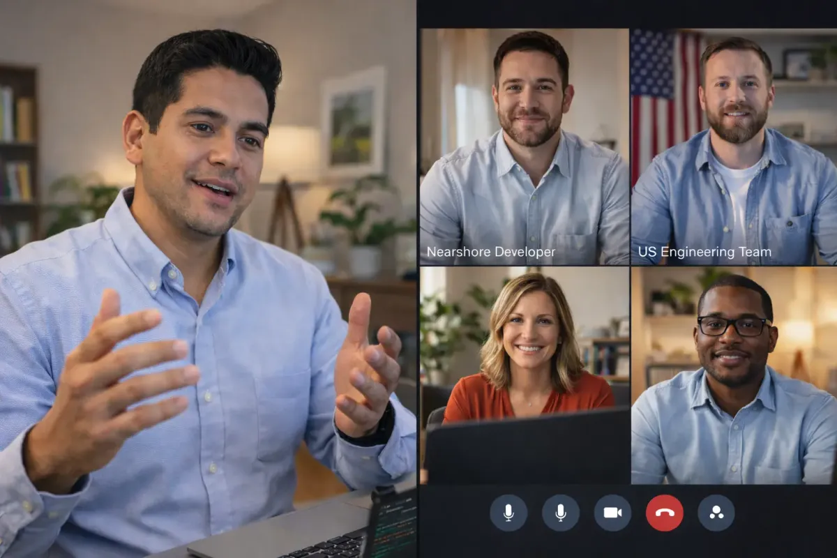 Desarrollador de software dando un update seguro en un daily standup por videollamada con un equipo distribuido