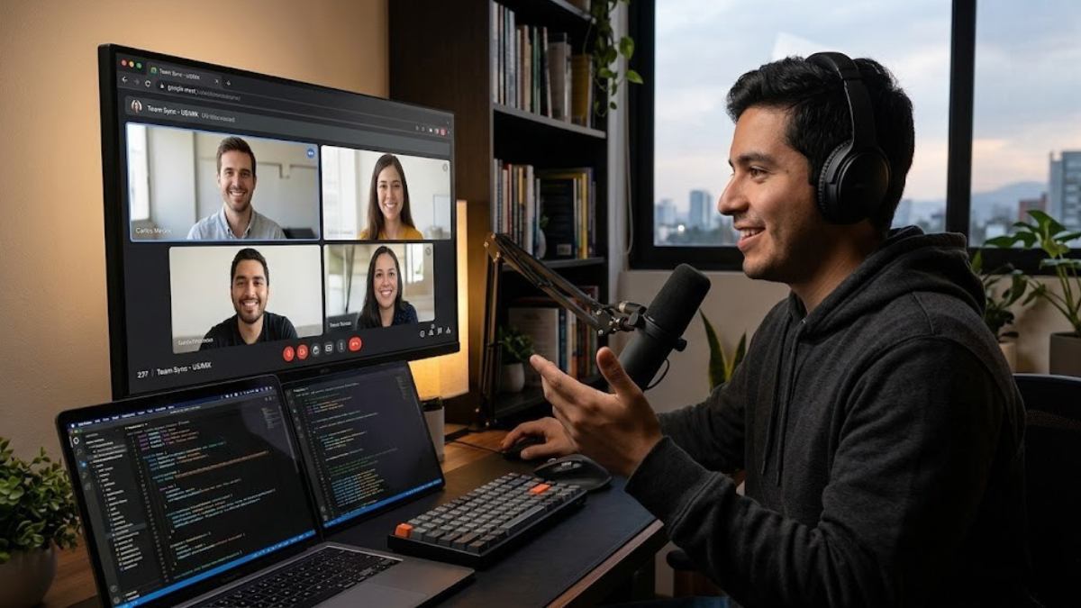 Nearshore developer collaborating with a US-based engineering team on a video call
