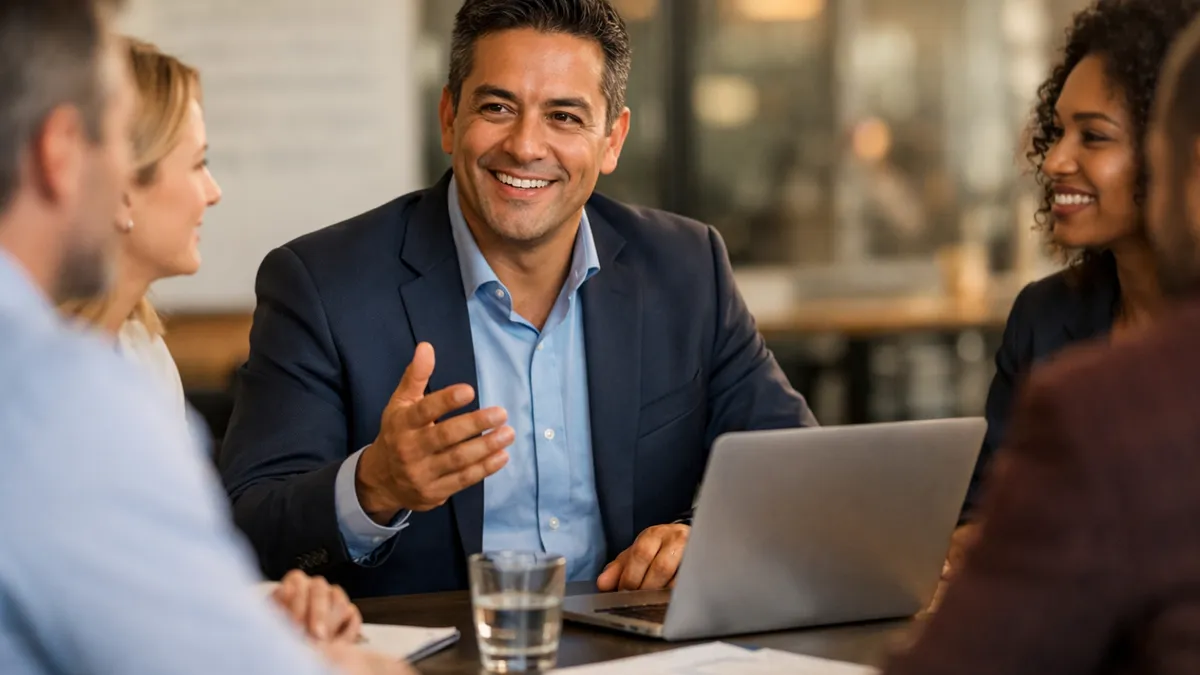 Mexican professional confidently speaking English in a business meeting with colleagues