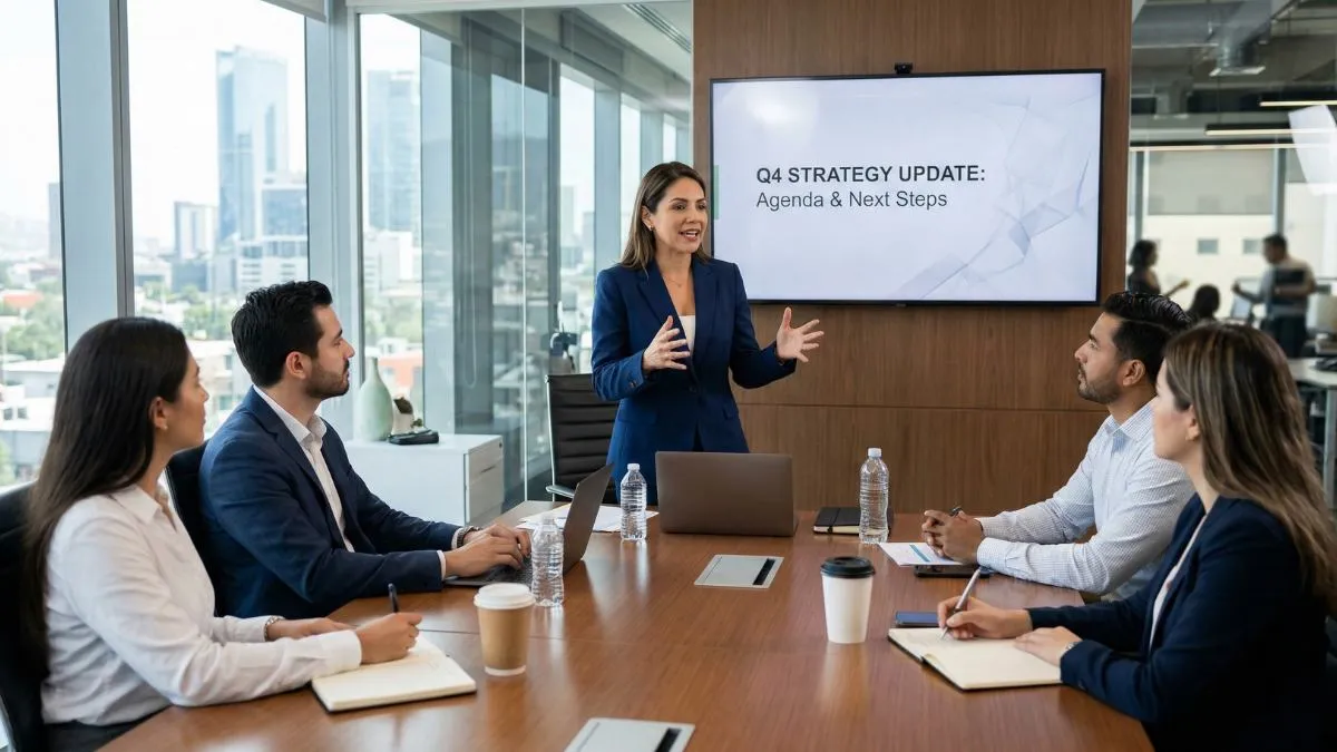 Professional leading a business meeting with confidence