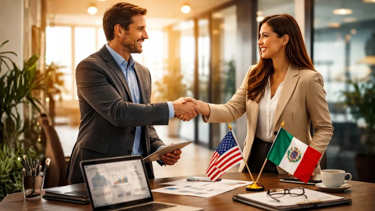Mexican and American professionals collaborating across a conference table in a modern office
