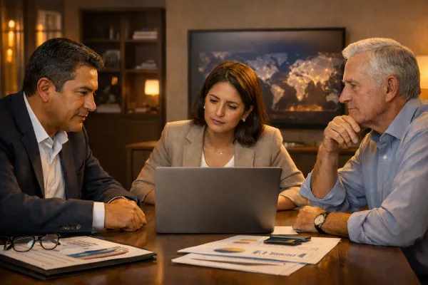 Business professionals reviewing financial data on the cost of miscommunication in global teams