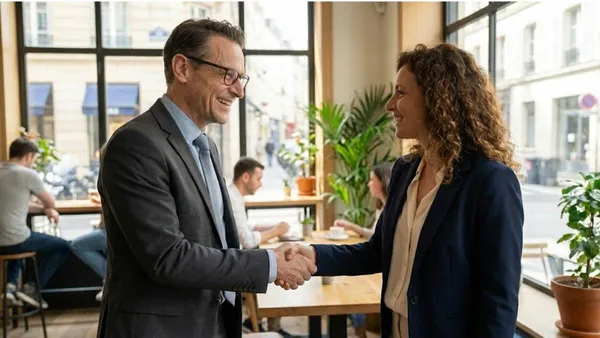 Two professionals in a business negotiation meeting