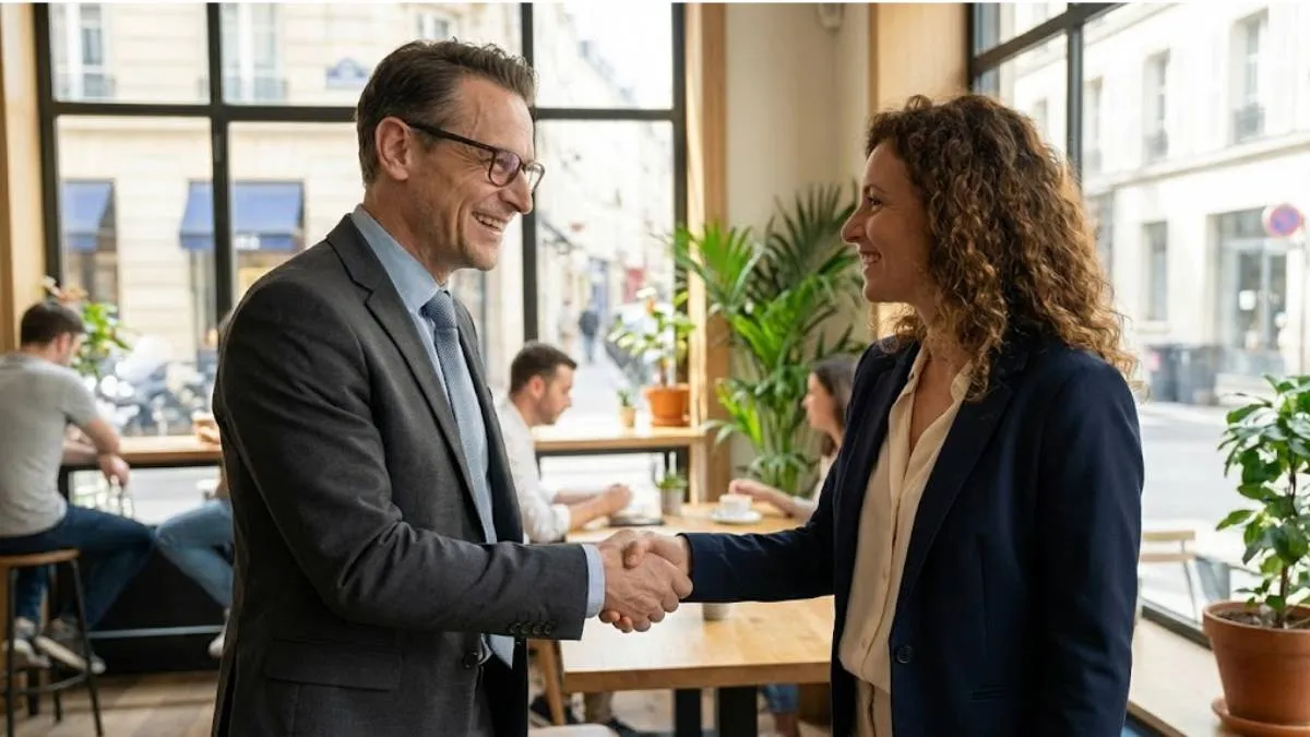 Two professionals in a business negotiation meeting