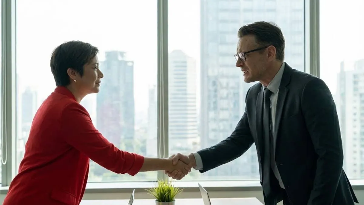 Two professionals in a business negotiation