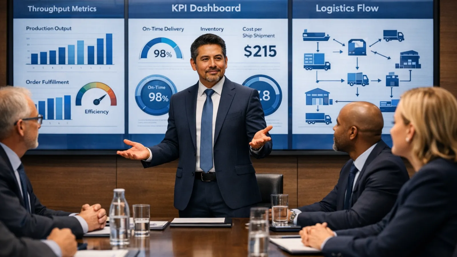 Operations executive presenting confidently in a boardroom with throughput metrics, KPI dashboard, and logistics flow charts on screens behind him