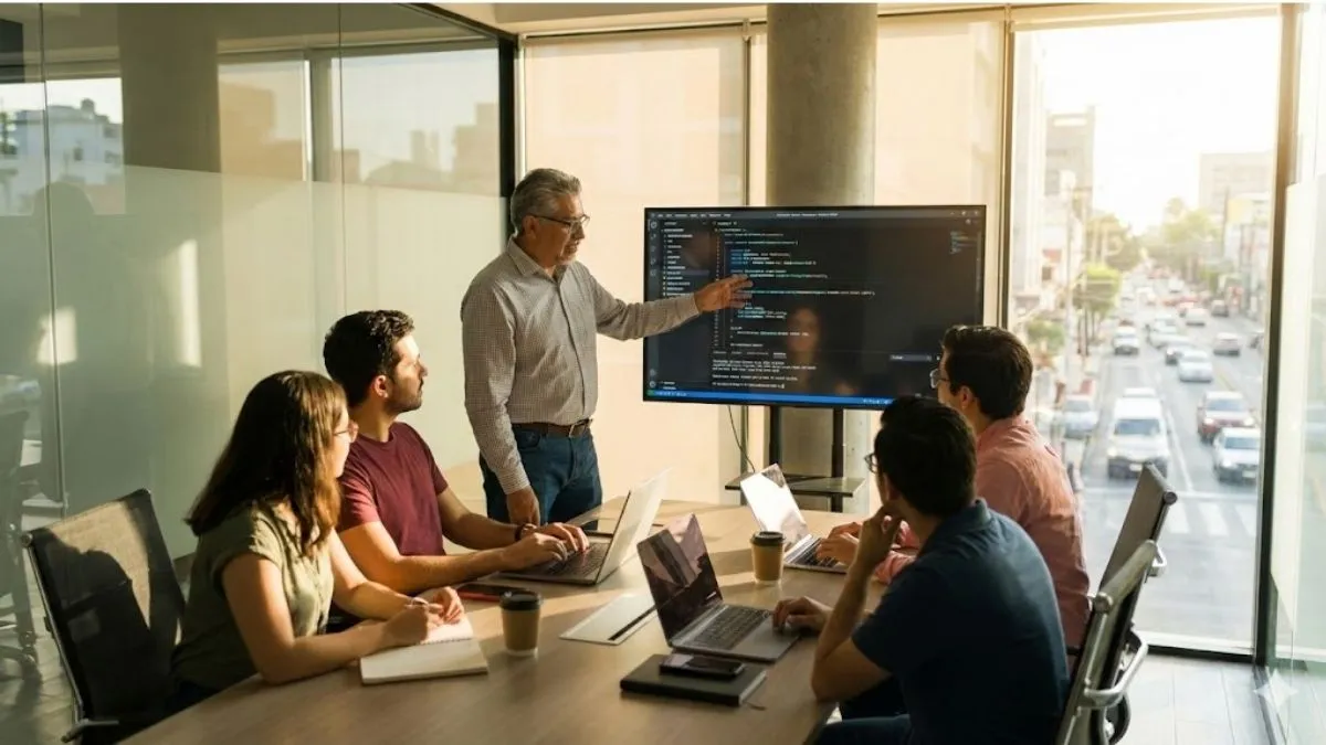 Desarrollador senior liderando con confianza una discusión técnica con equipo internacional