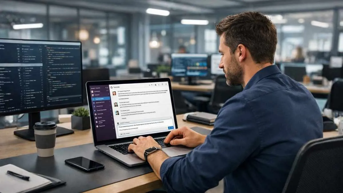 Professional writing a confident Slack message on a laptop in a modern tech office environment