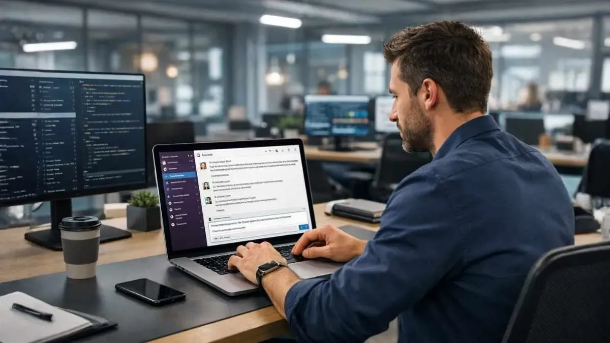 Professional writing a confident Slack message on a laptop in a modern tech office environment