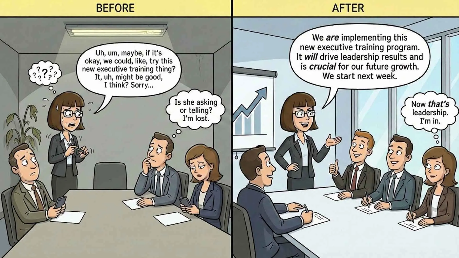 Before and after meme of an HR officer pitching an executive training program — from uncertain hedging to confident leadership