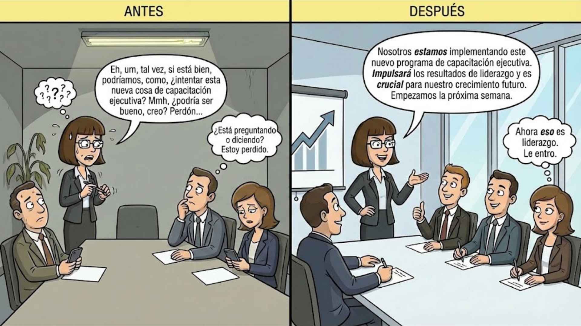 Meme de antes y despues de una oficial de RRHH presentando un programa de capacitacion ejecutiva — de titubear con incertidumbre a liderazgo seguro
