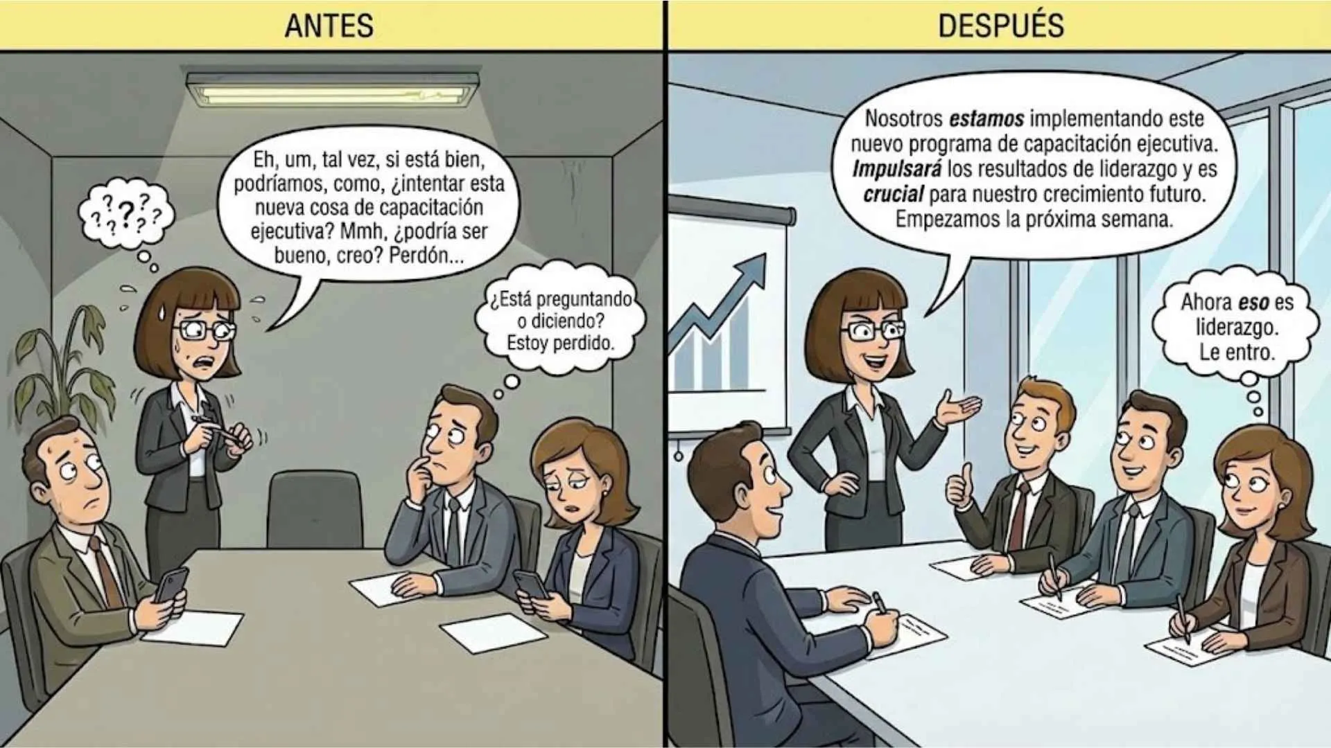 Meme de antes y después de una oficial de RRHH presentando un programa de capacitación ejecutiva — de titubear con incertidumbre a liderazgo seguro