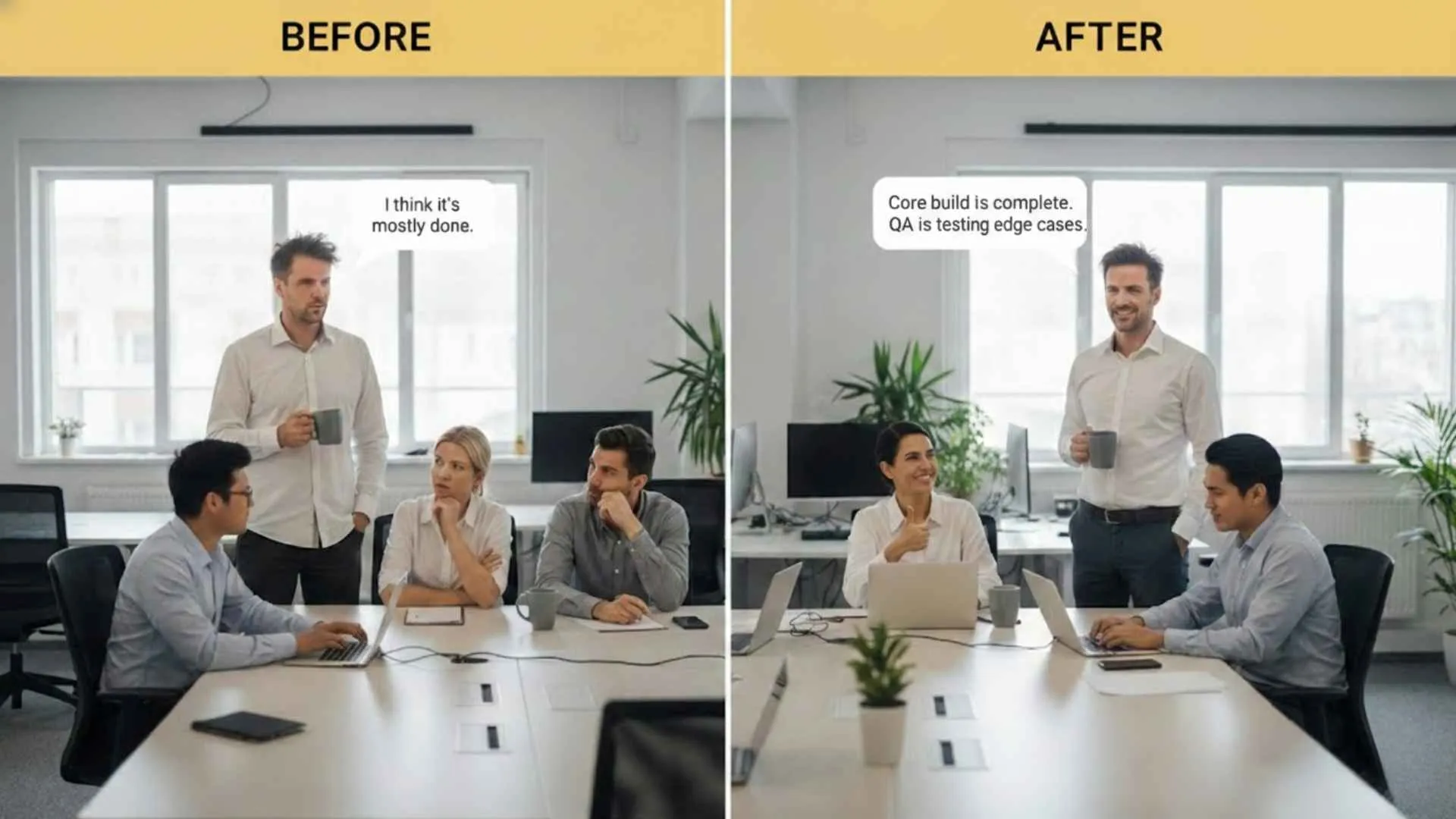 Before and after meme of an IT manager giving a code promotion status update — from vague to precise and professional