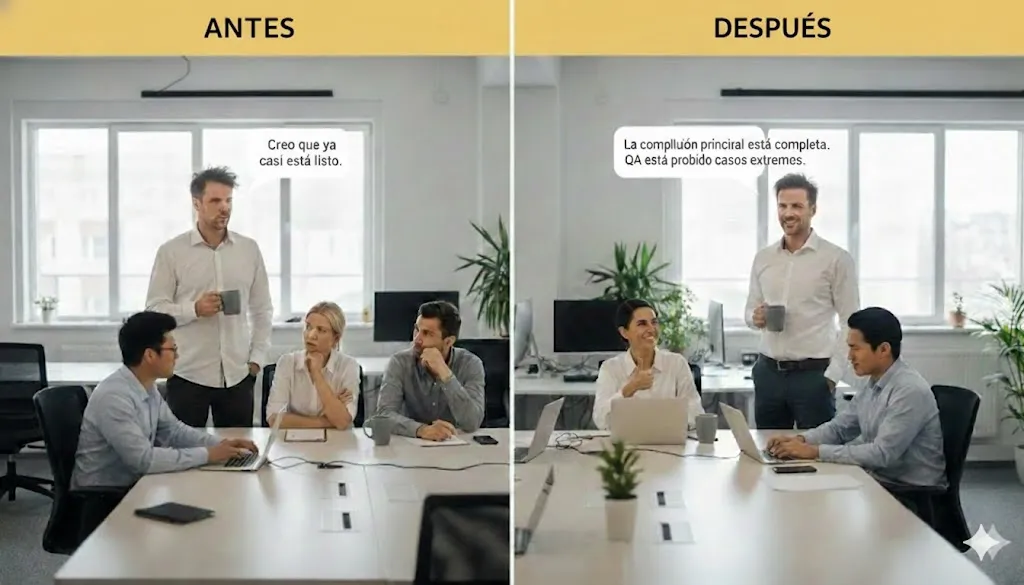 Meme de antes y después de un gerente de IT dando una actualización de promoción de código — de vago a preciso y profesional