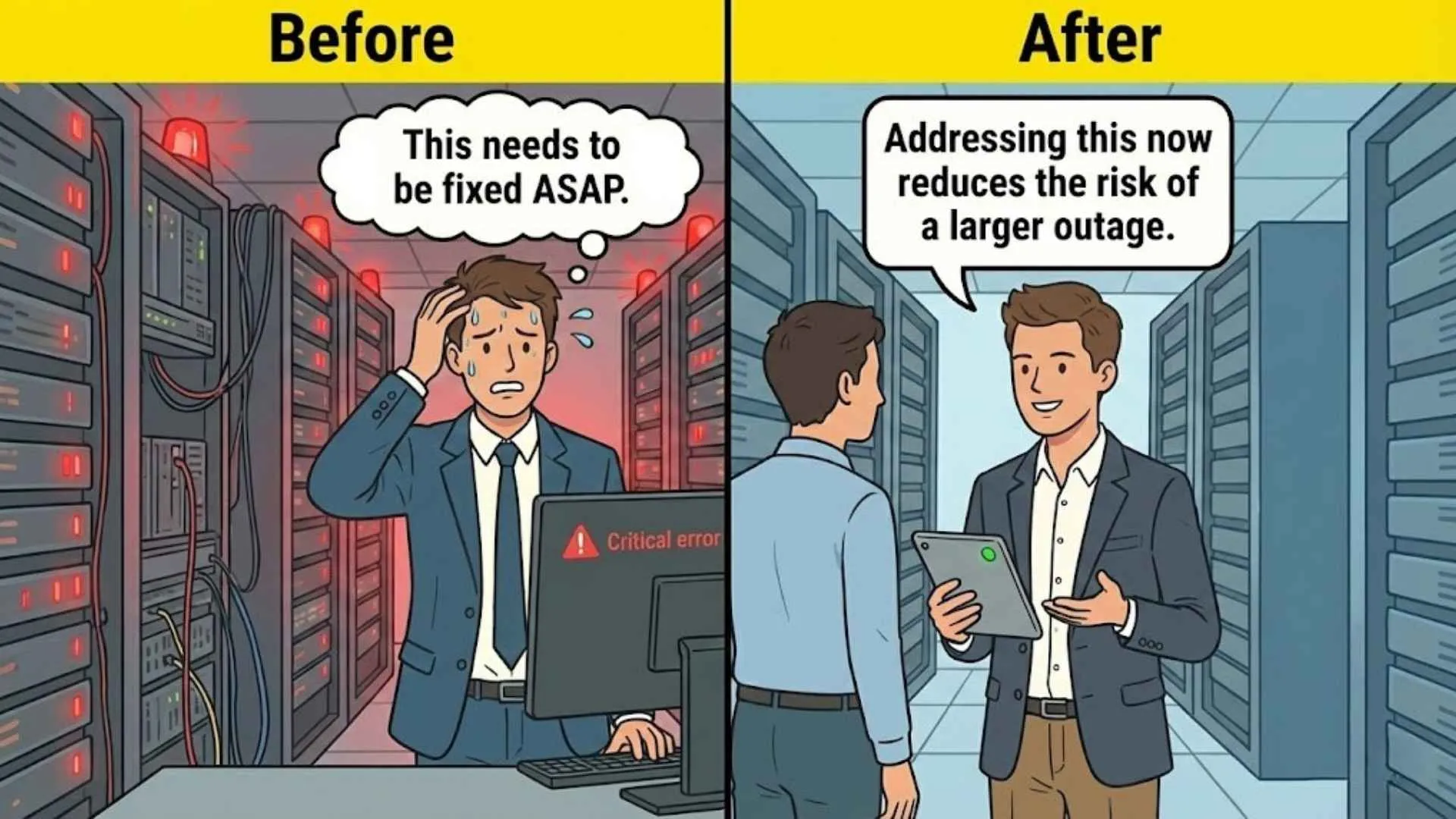 Before and after meme of an IT manager reacting to a server room critical error — from panic to professional risk communication