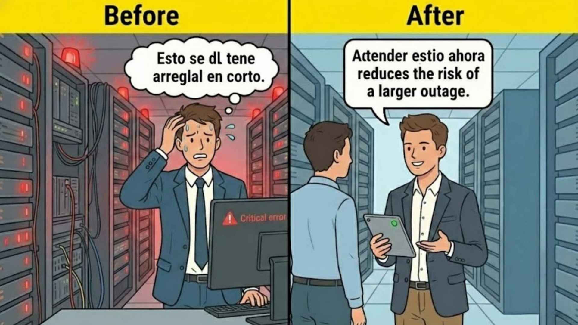 Meme de antes y despues de un gerente de IT reaccionando a un error critico en la sala de servidores — del panico a la comunicacion profesional de riesgos