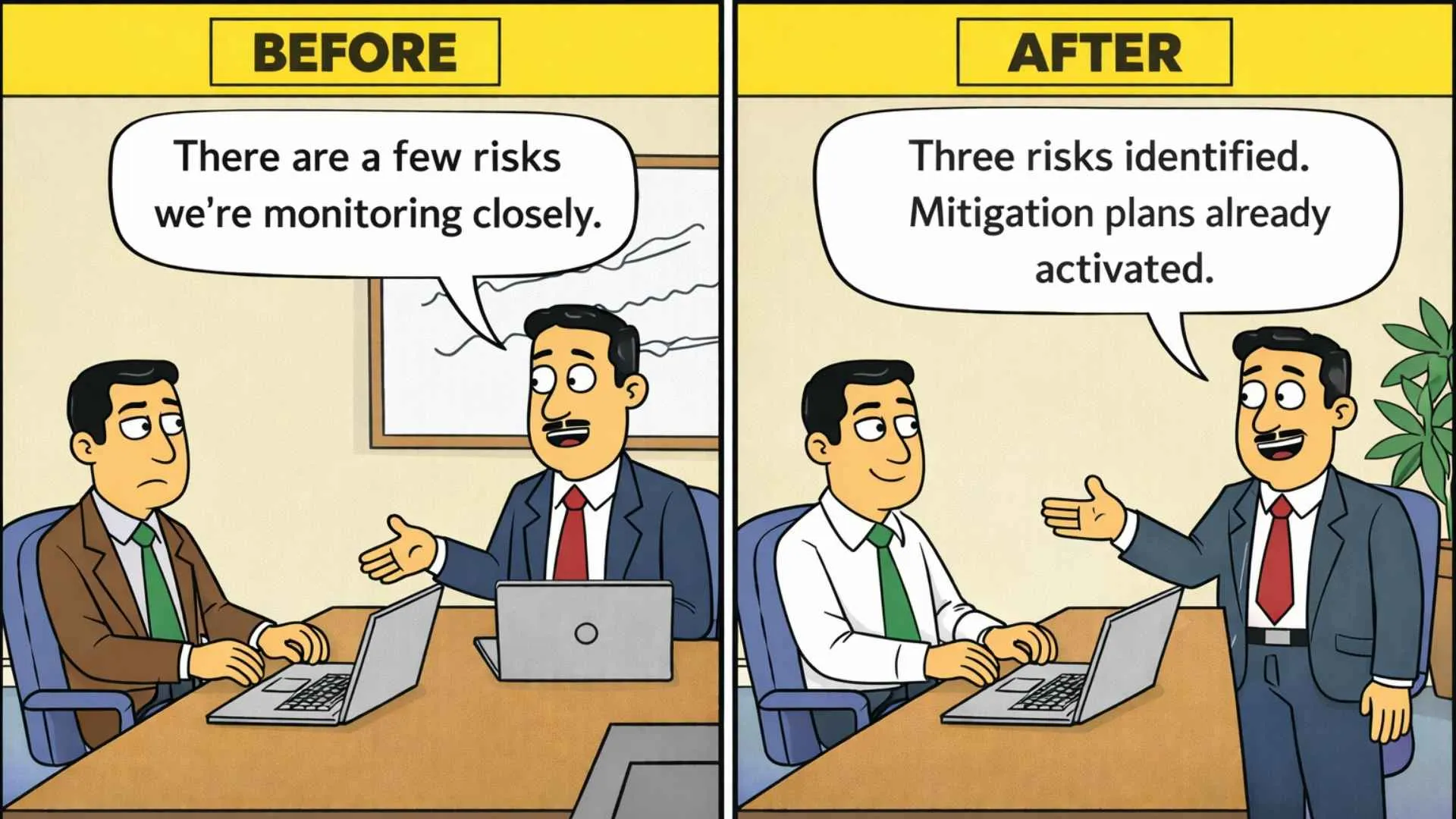 Before and after meme of a product manager presenting risks in the boardroom — from vague hand-waving to specific and actionable