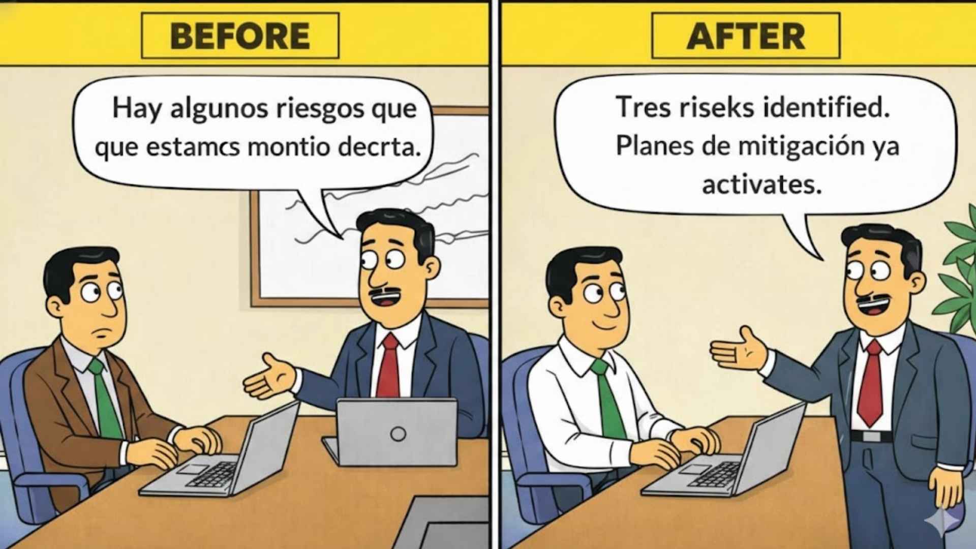 Meme de antes y despues de un product manager presentando riesgos en la sala de juntas — de titubeos vagos a especificos y accionables