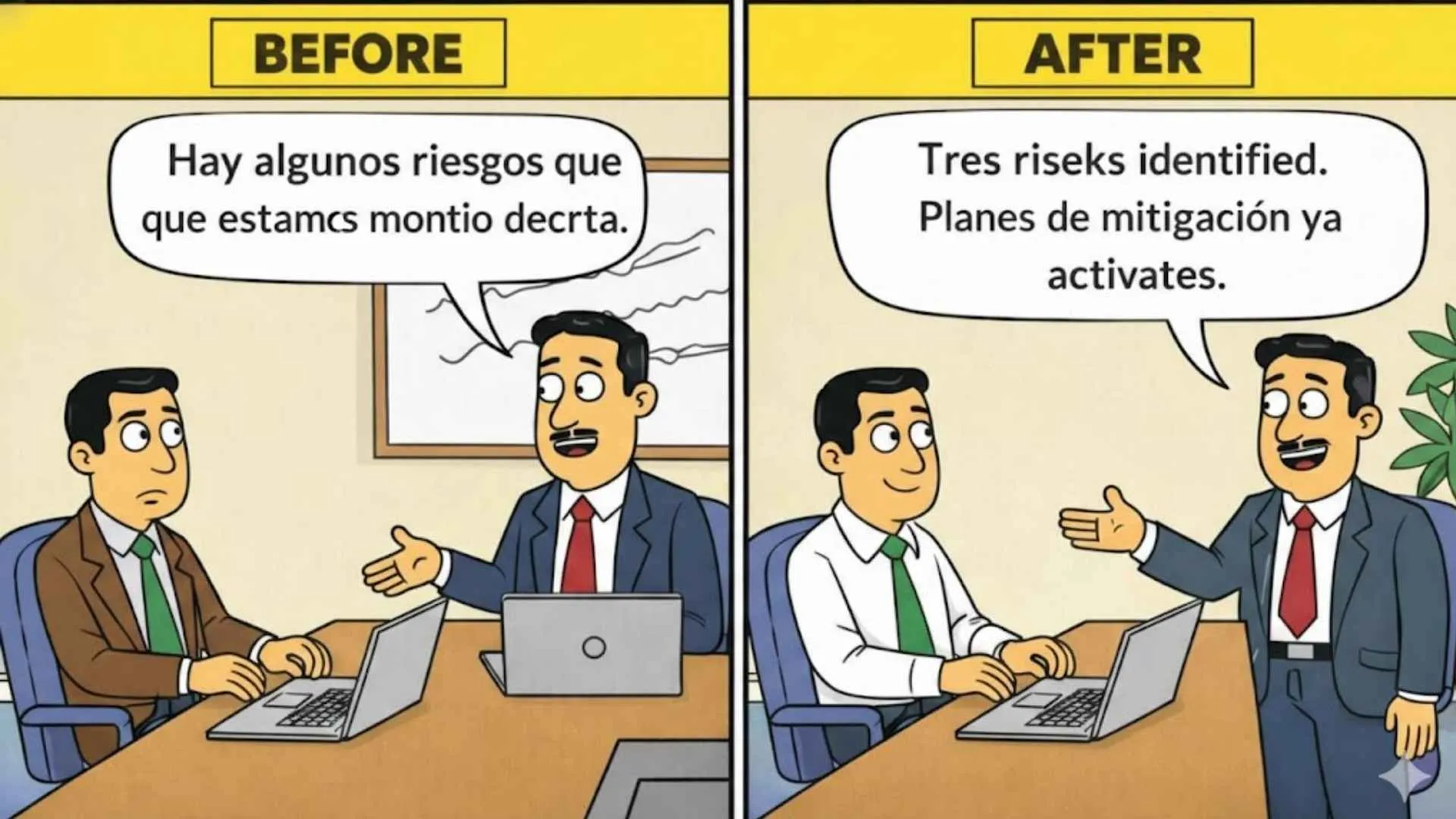 Meme de antes y después de un product manager presentando riesgos en la sala de juntas — de titubeos vagos a específicos y aplicables