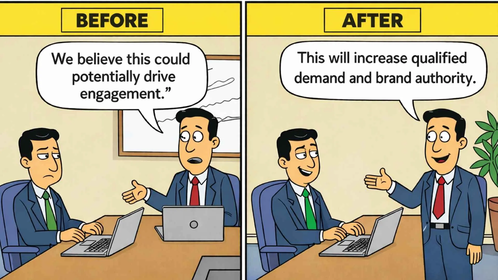 Before and after meme of a sales executive pitching value — from vague hedging to confident, specific claims