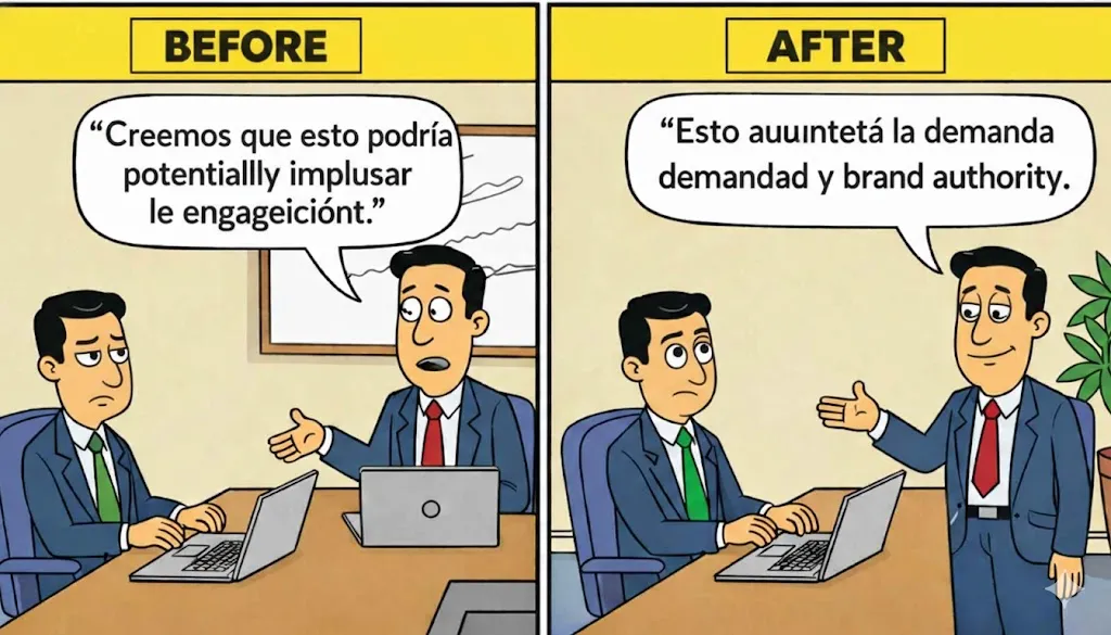 Meme de antes y después de un ejecutivo de ventas presentando valor — de titubeos vagos a afirmaciones confiadas y específicas