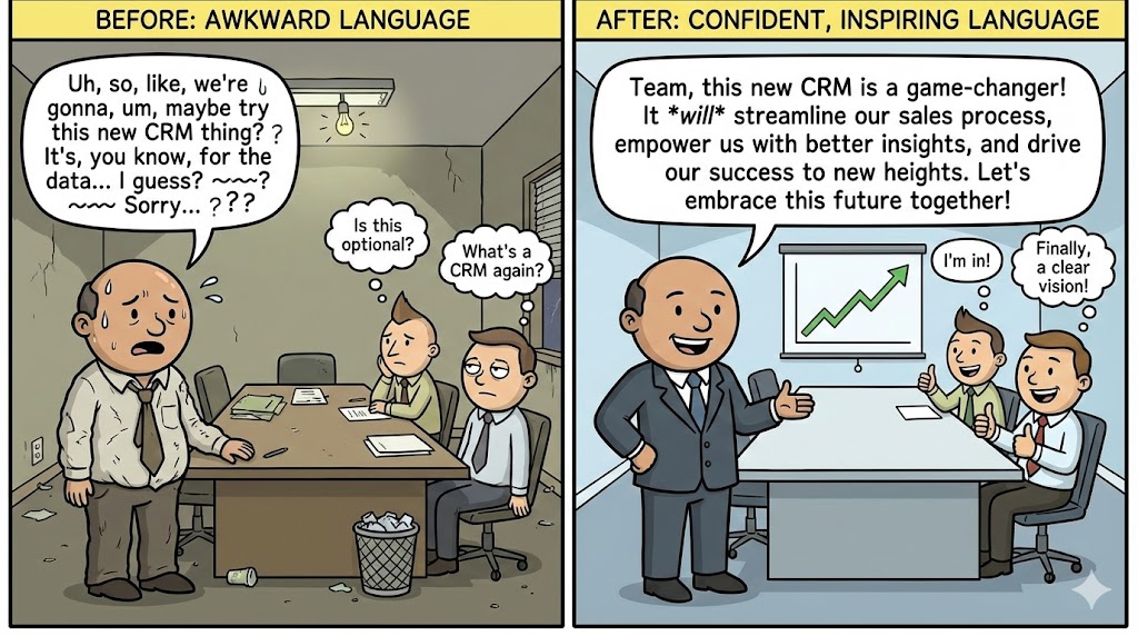 Before and after meme showing a sales manager going from awkward uncertain CRM pitch to confident inspiring team presentation