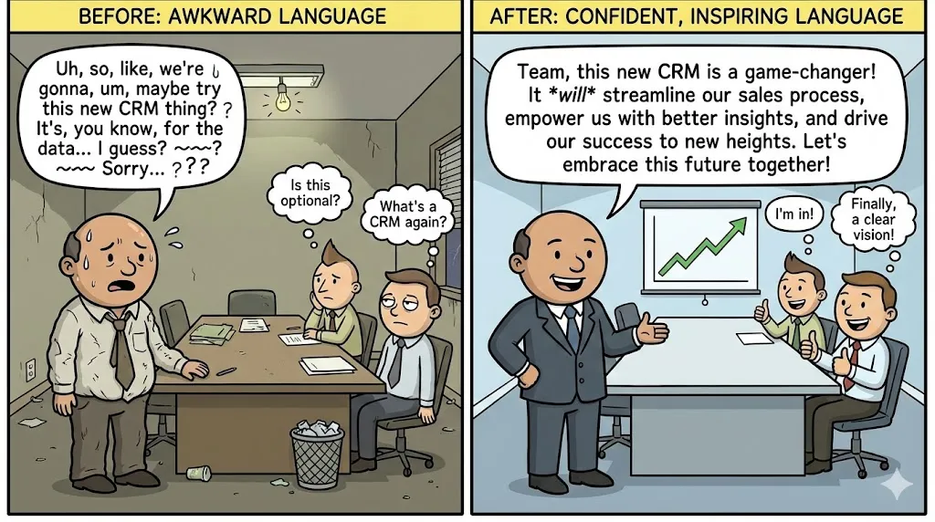 Before and after meme showing a sales manager going from awkward uncertain CRM pitch to confident inspiring team presentation