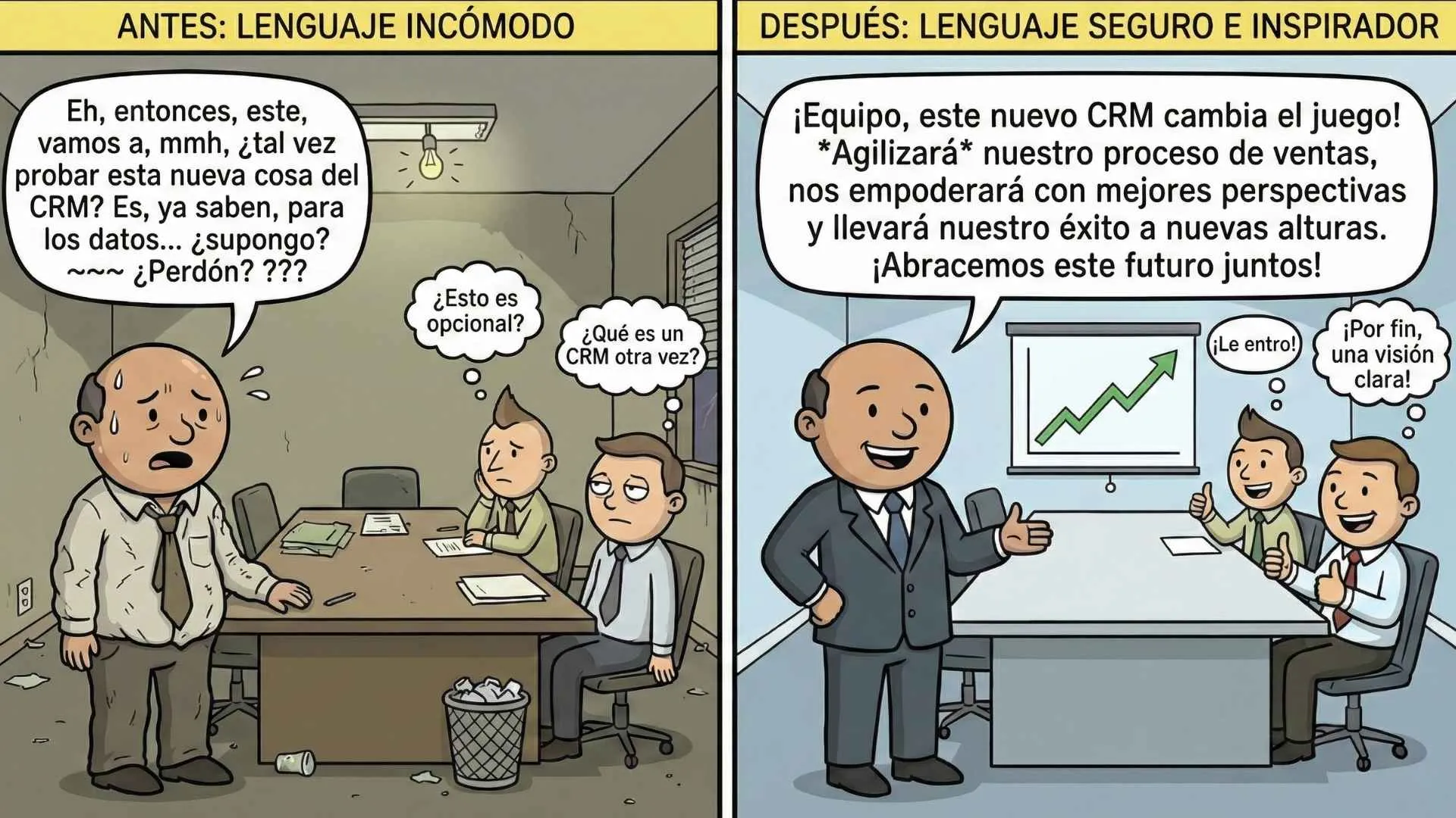 Meme de antes y después mostrando a un gerente de ventas pasando de una presentación torpe e insegura del CRM a una presentación inspiradora y segura para el equipo